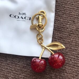 Coach Gold Tone Cherry Keychain with Red Glitter Cherries